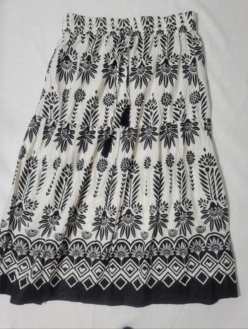 Bohemian Black & White Floral Midi Skirt 100% Cotton